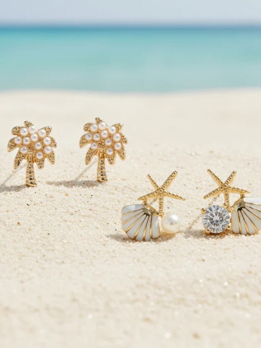 Gold Palm Tree and Seashell Stud Earring Set - White & Gold